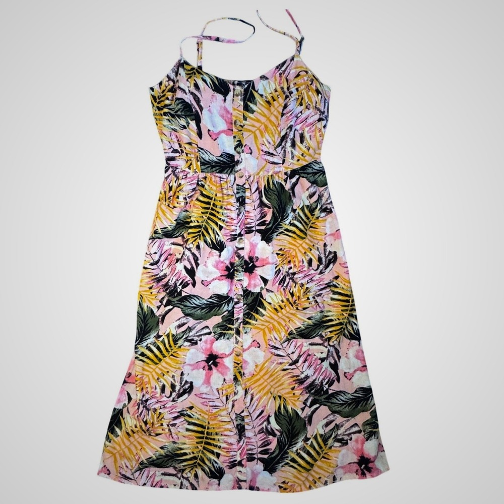 Billabong Midi Dress‎ Pink Tropical Floral Button Front Smocked Boho Summer S